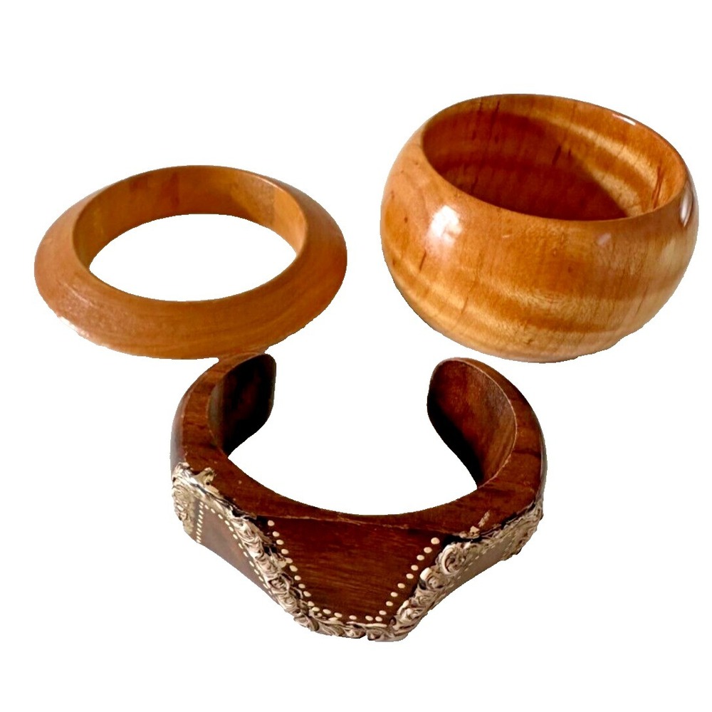 Wood Bracelet Lot Bangle Pine Teak Polished Wide Etched Cuff Set of 3